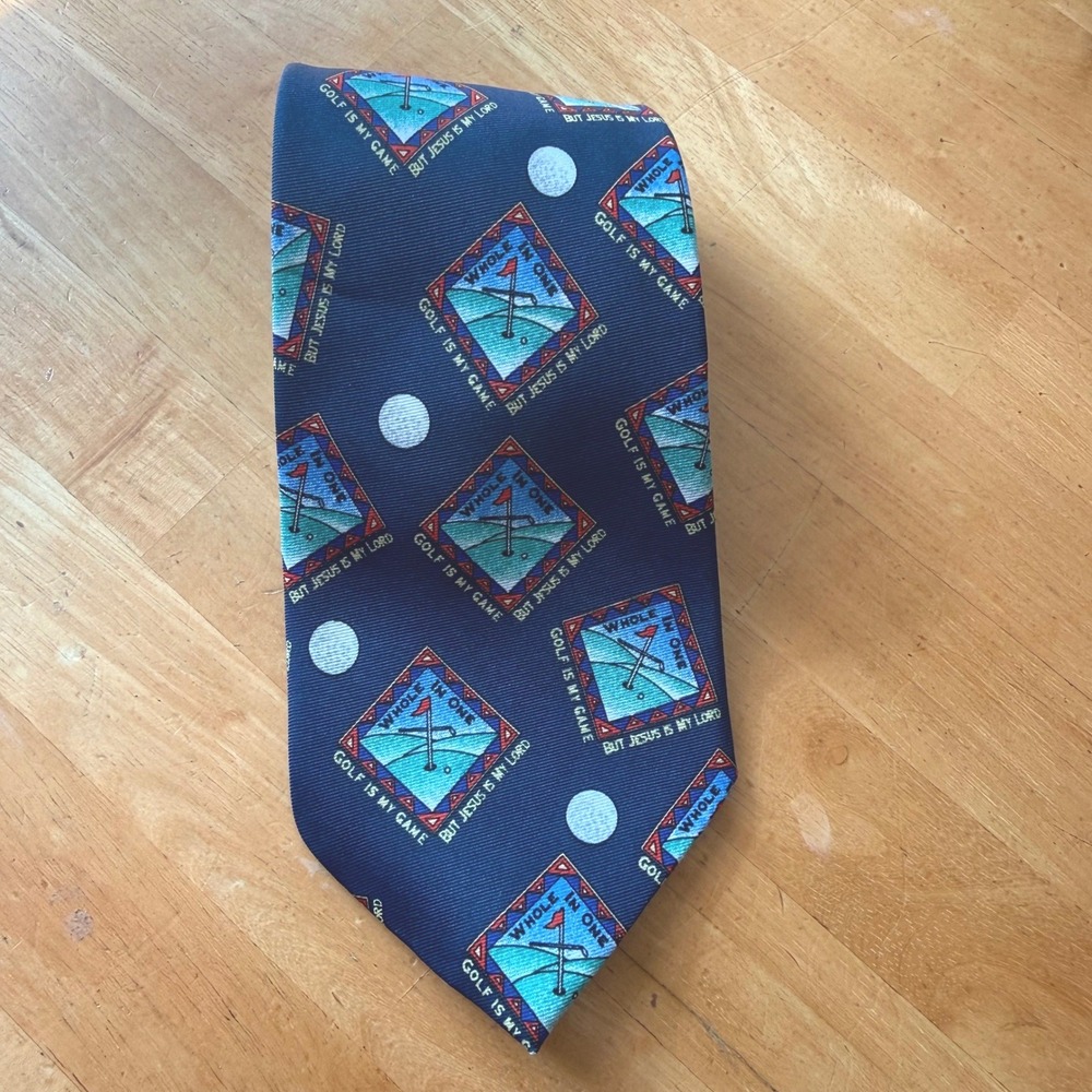Kerusso Mens Golf Is My Game But Jesus Is My Lord Navy Blue Novelty Look Tie